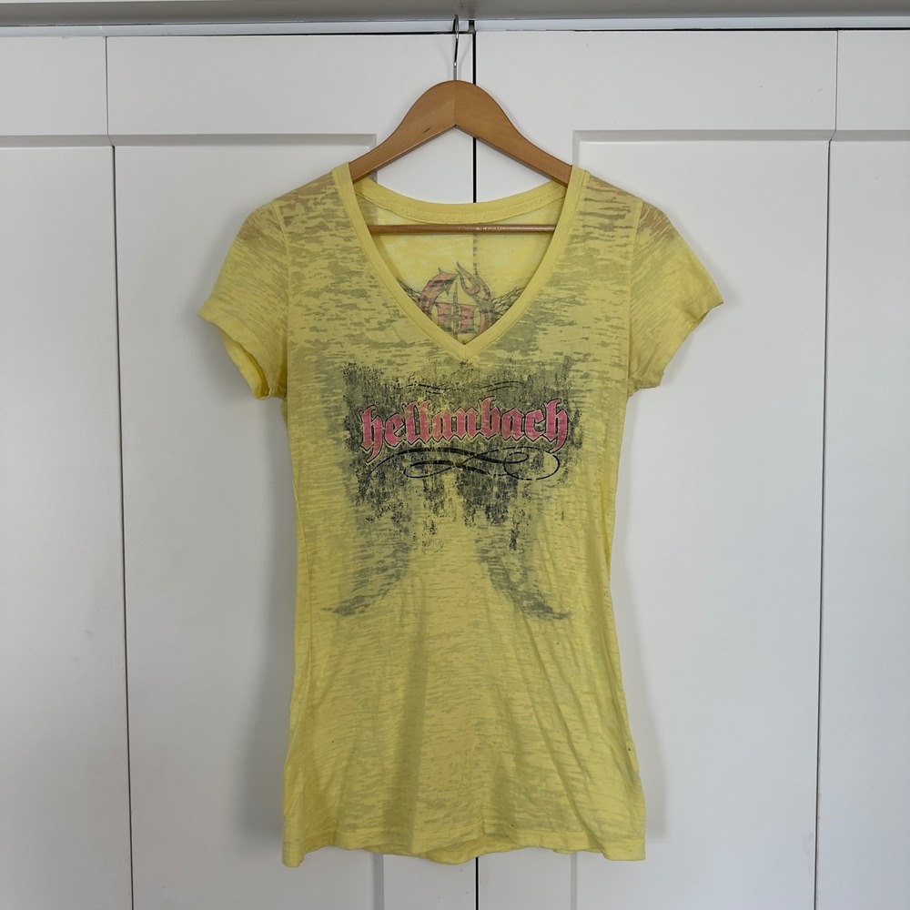 Womens Hellanbach Graphic Tee XS Yellow V-Neck Burnout Angel Wings Biker Shirt